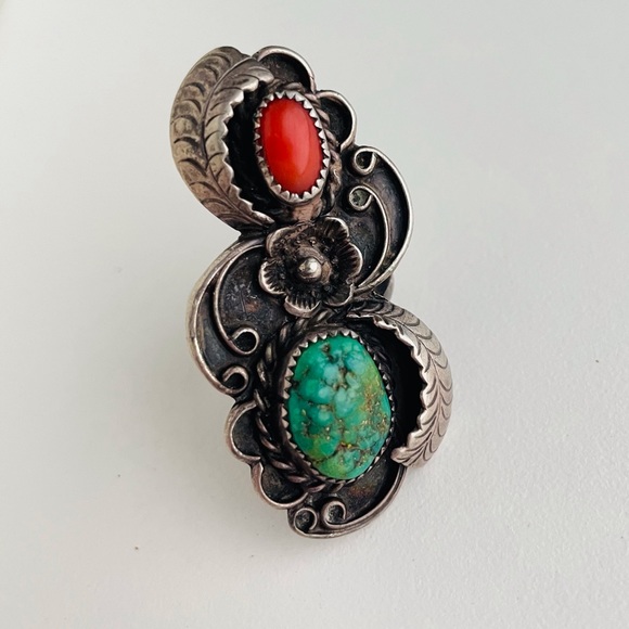 Vintage sterling silver Turquoise coral flower Navajo Ring - Picture 5 of 15